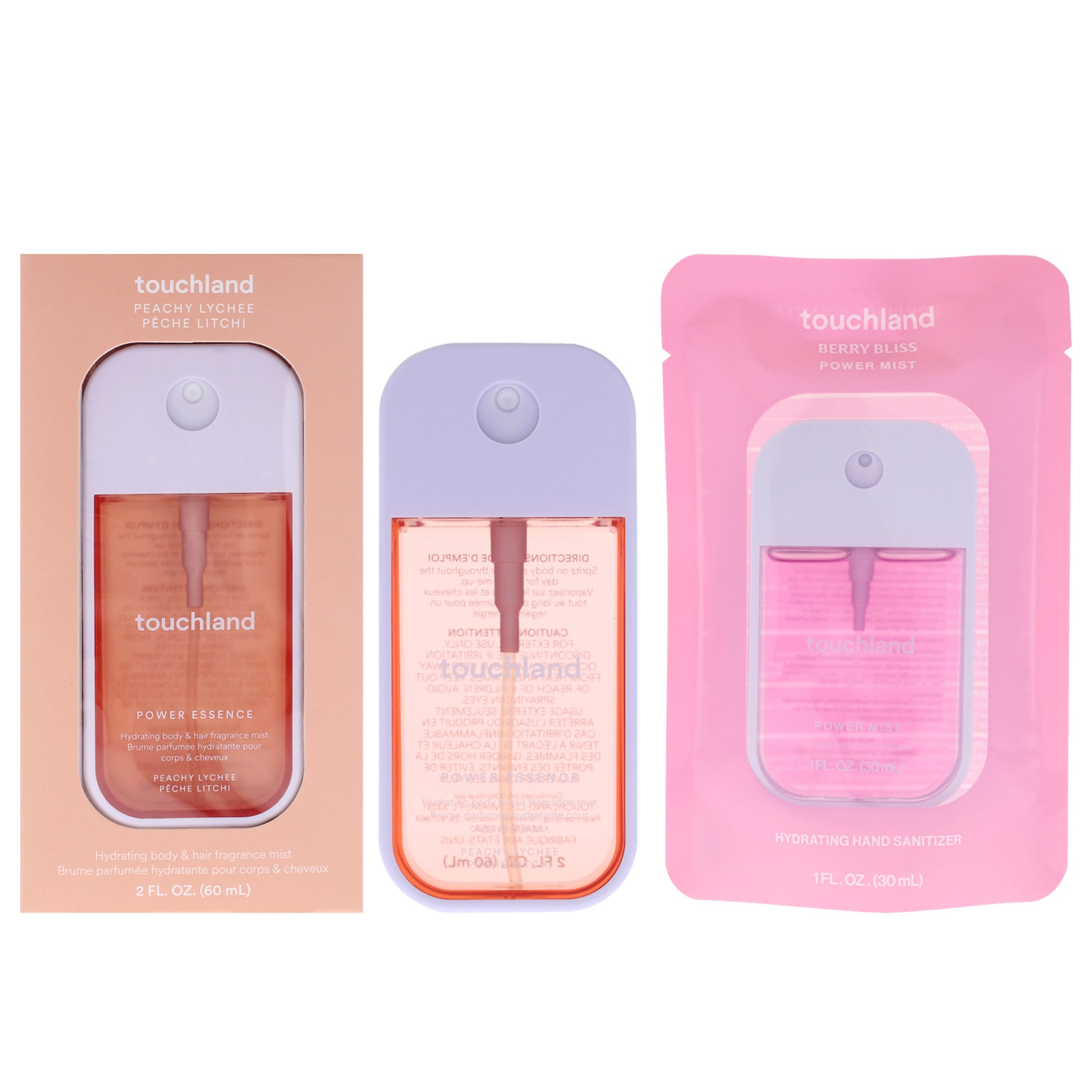 Power Mist and Essence Kit by Touchland for Unisex - 2 Pc Kit 2oz Fragrance Mist - Peachy Lychee, 1oz Hand Sanitizer - Berry Bliss
