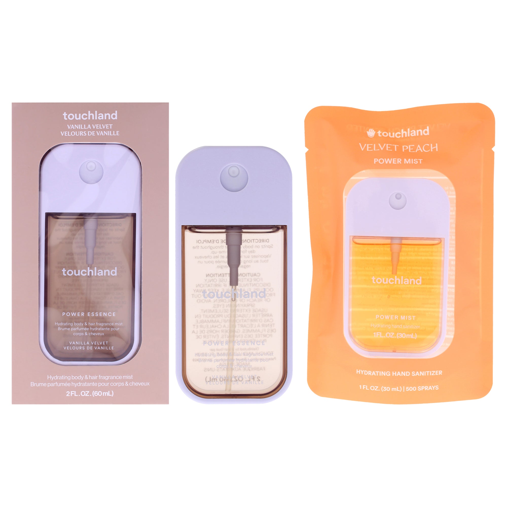Power Mist and Essence Kit by Touchland for Unisex - 2 Pc Kit 2oz Fragrance Mist - Vanilla Velvet, 1oz Hand Sanitizer - Velvet Peach