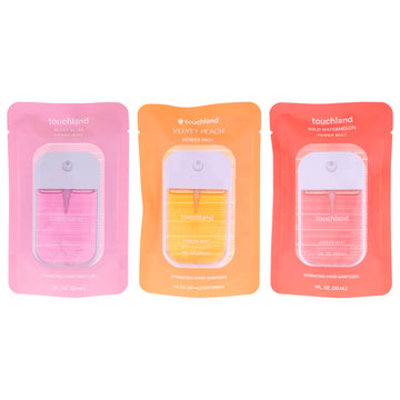Power Mist Kit by Touchland for Unisex - 3 Pc Kit 1oz Hand Sanitizer - Velvet Peach, 1oz Hand Sanitizer - Wild Watermelon, 1oz Hand Sanitizer - Berry Bliss