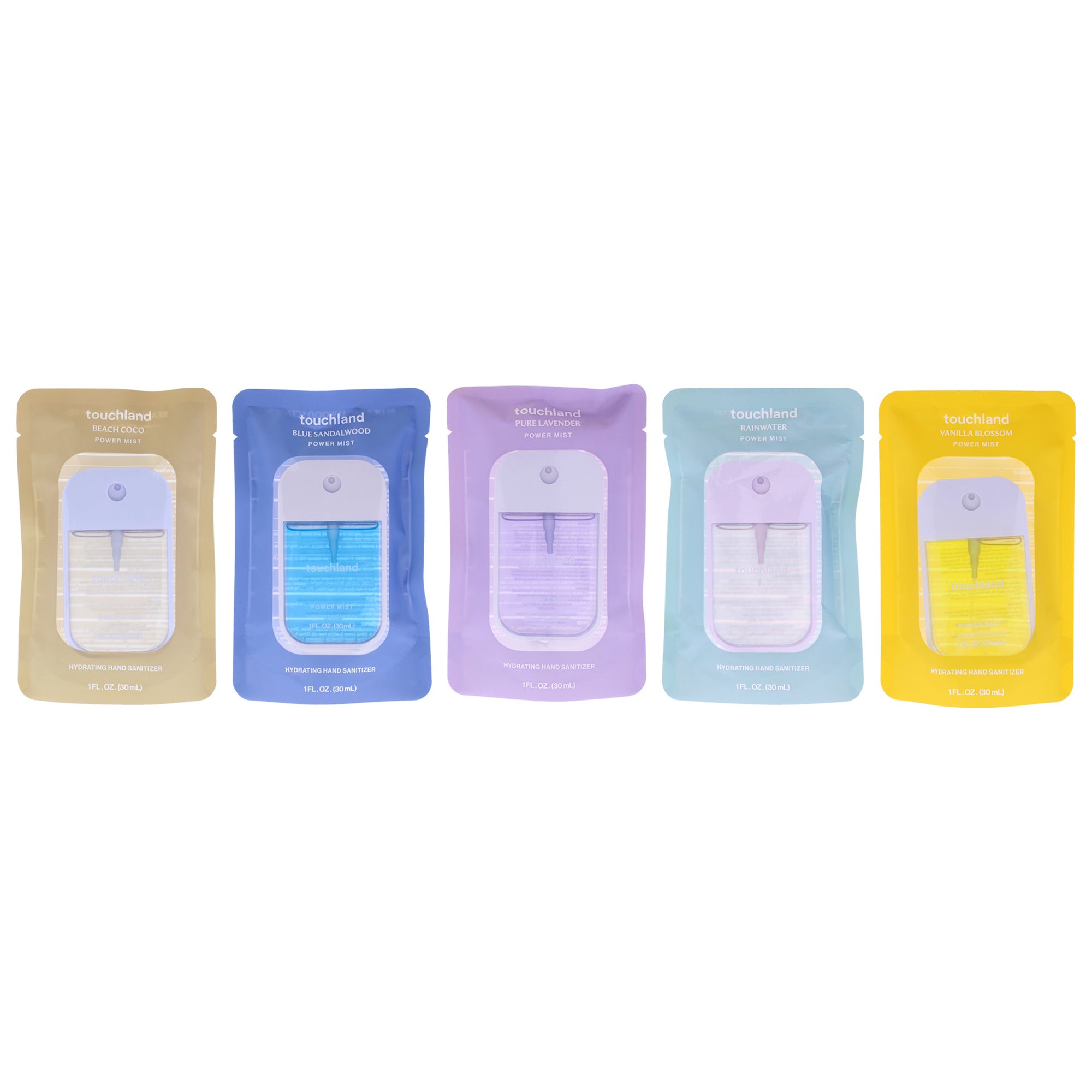 Power Mist Kit by Touchland for Unisex - 5 Pc Kit 1oz Hand Sanitizer - Rainwater, 1oz Hand Sanitizer - Blue Sandalwood, 1oz Hand Sanitizer - Pure Lavender, 1oz Hand Sanitizer - Vanilla Blossom, 1oz Hand Sanitizer - Beach Coco