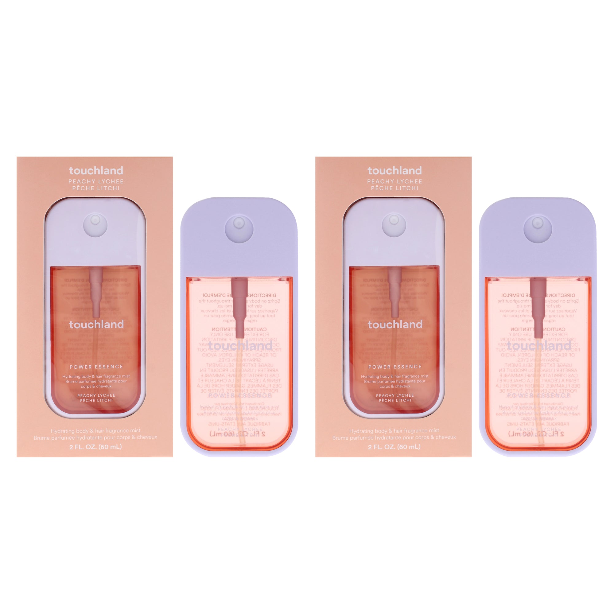 Power Essence Hydrating Body and Hair Fragrance Mist - Peachy Lychee by Touchland for Unisex - 2 oz Fragrance Mist - Pack of 2