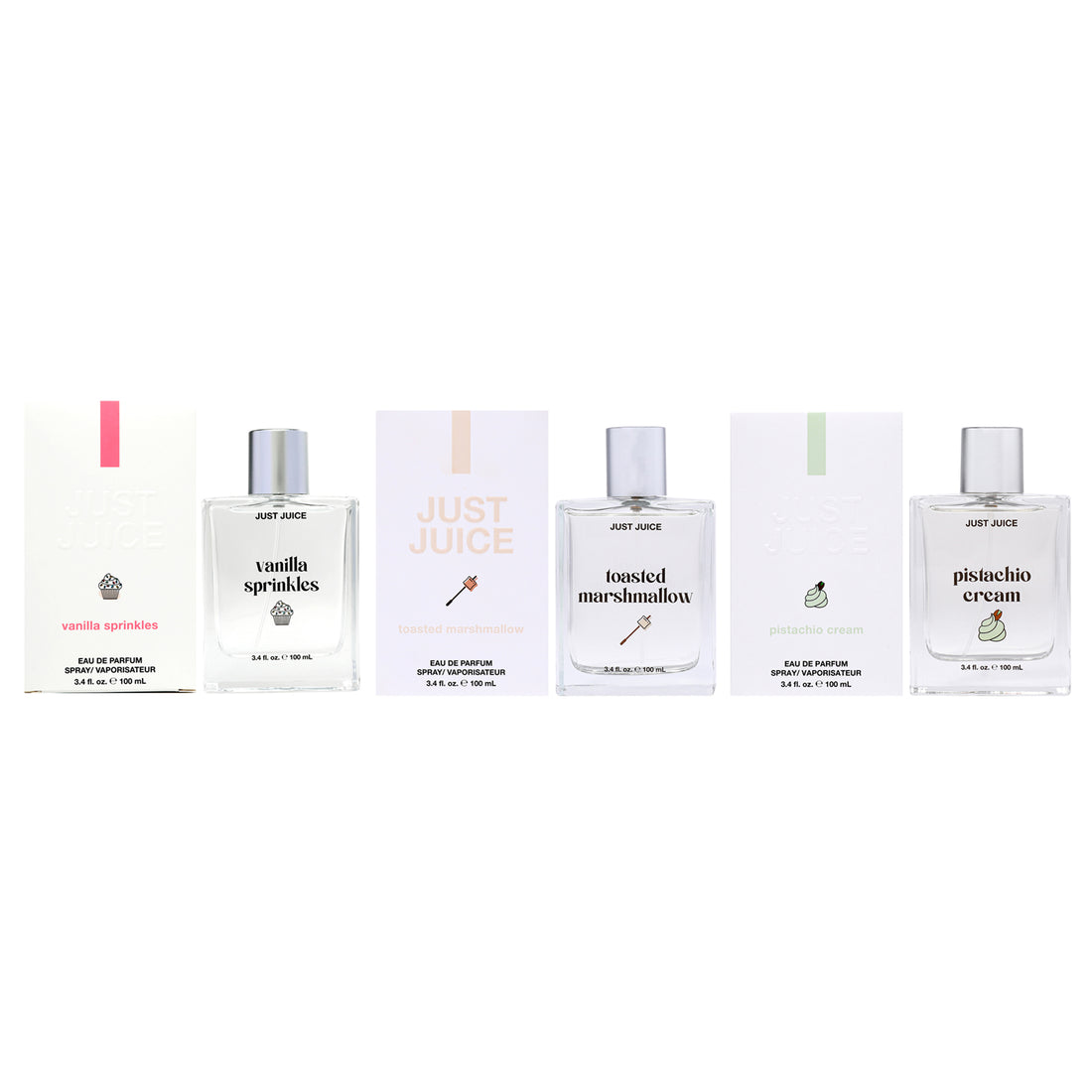 Sweet and Addictive Kit by Just Juice for Unisex - 3 Pc Kit 3.4oz Vanilla Sprinkle EDP Spray, 3.4oz Toasted Marshmallow EDP Spray, 3.4oz Pistachio Cream EDP Spray