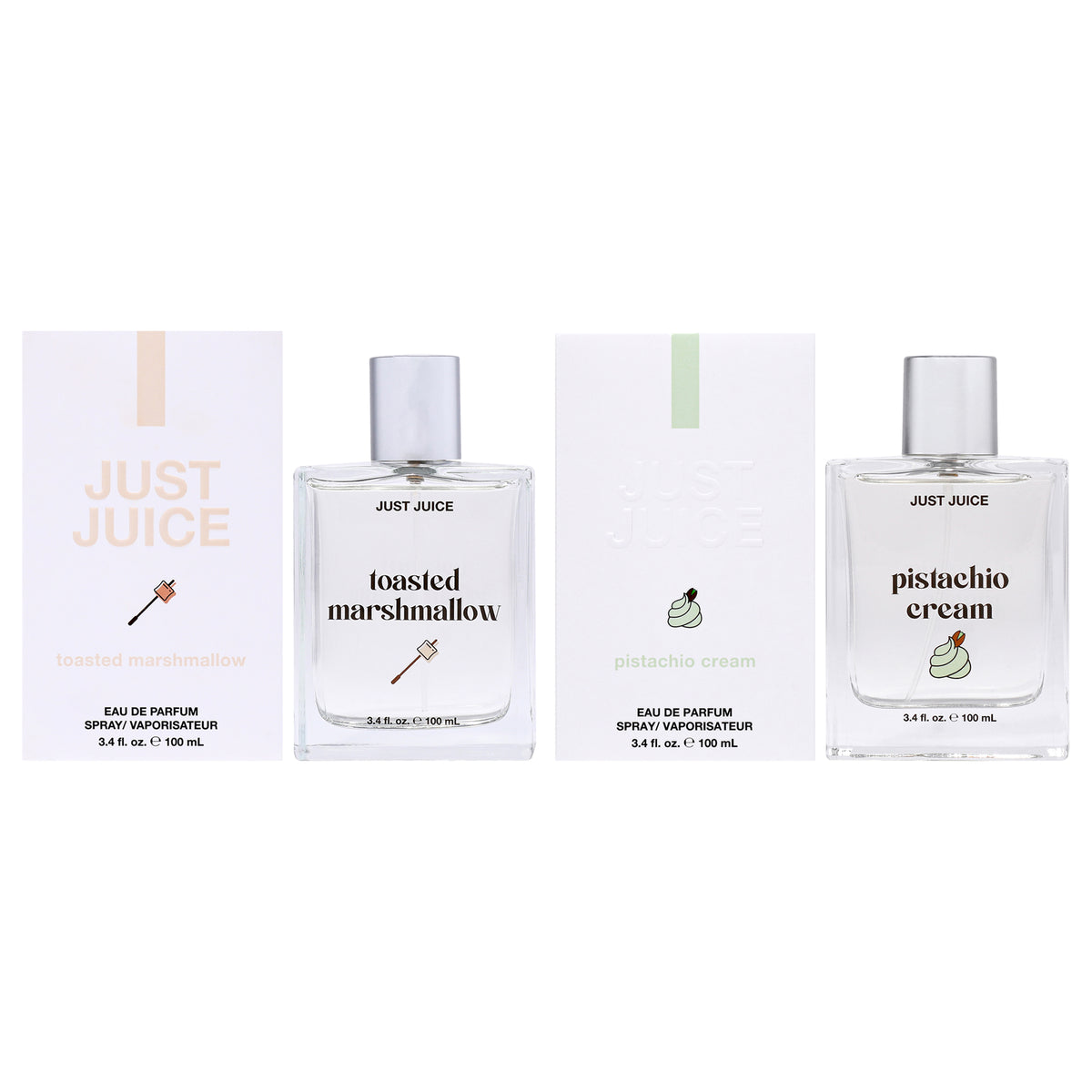 Guilty Pleasure Kit by Just Juice for Unisex - 2 Pc Kit 3.4oz Toasted Marshmallow EDP Spray, 3.4oz Pistachio Cream EDP Spray