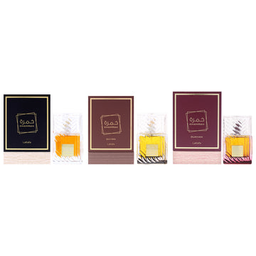 Khamrah Kit by Lattafa for Unisex - 3 Pc Kit 3.4oz Khamrah EDP Spray, 3.4oz Khamrah - Qahwa EDP Spray, 3.4oz Khamrah - Dukhan EDP Spray