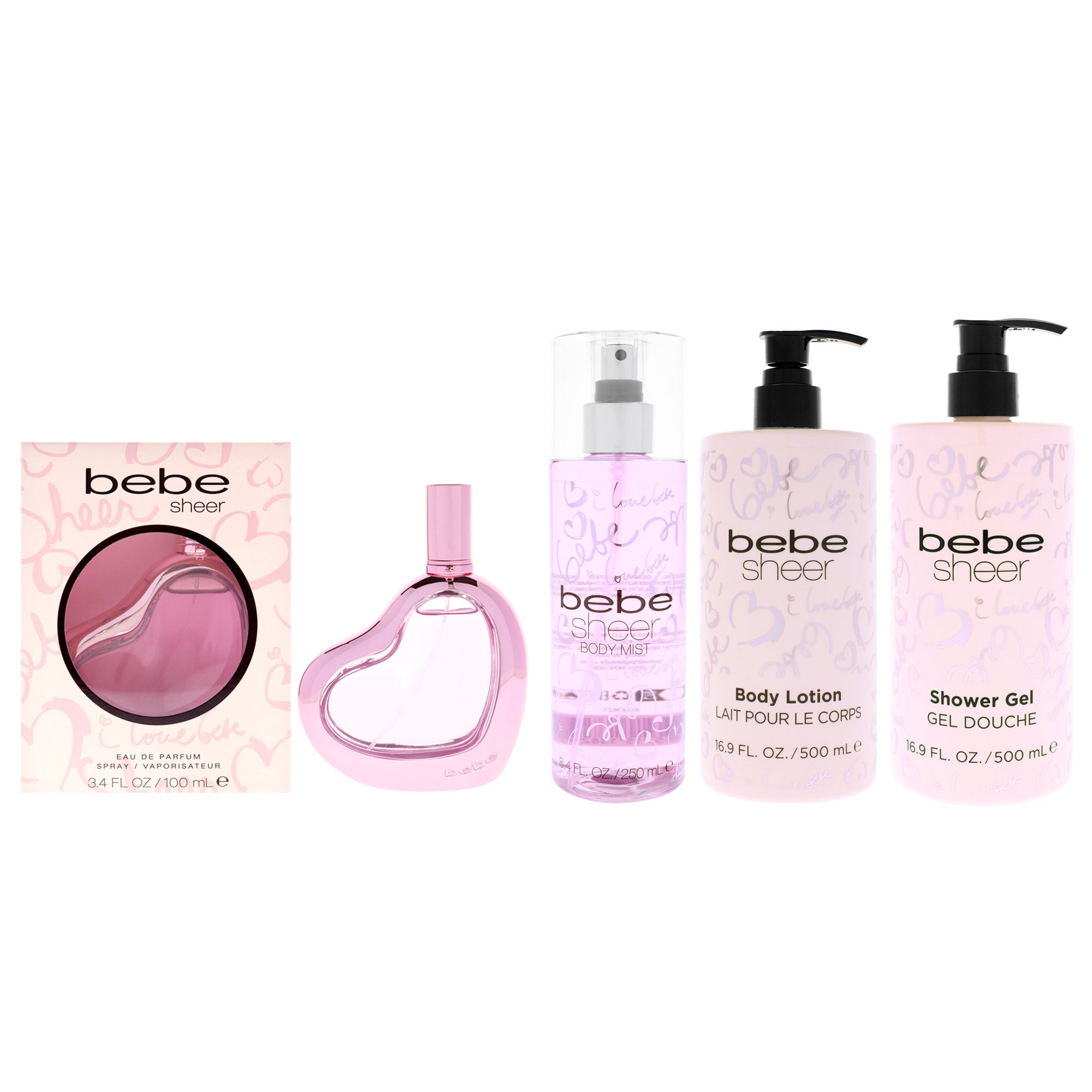 Sheer Body Care Kit by Bebe for Women - 4 Pc Kit 3.4oz Bebe Sheer EDP Spray, 8.4oz Bebe Sheer Body Mist, 16.9oz Bebe Sheer Shower Gel, 16.9oz Bebe Sheer Body Lotion