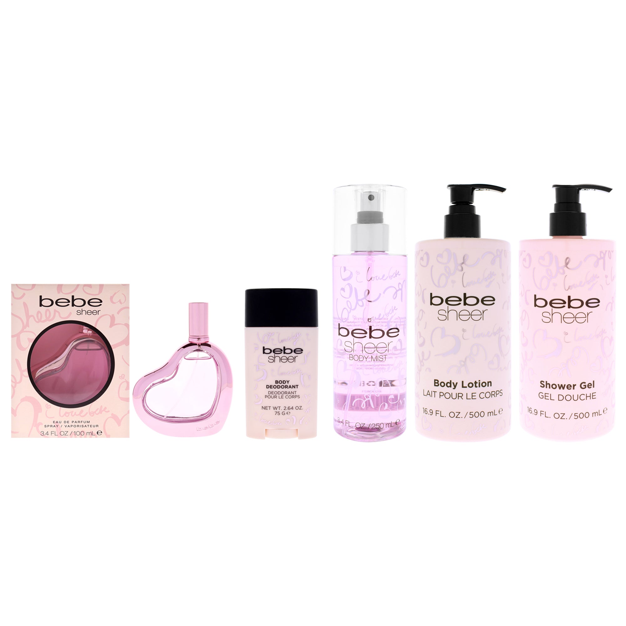 Sheer Full Body Ritual Kit by Bebe for Women - 5 Pc Kit 3.4oz Bebe Sheer EDP Spray, 8.4oz Bebe Sheer Body Mist, 16.9oz Bebe Sheer Shower Gel, 16.9oz Bebe Sheer Body Lotion, 2.64oz Bebe Sheer Deodorant Stick