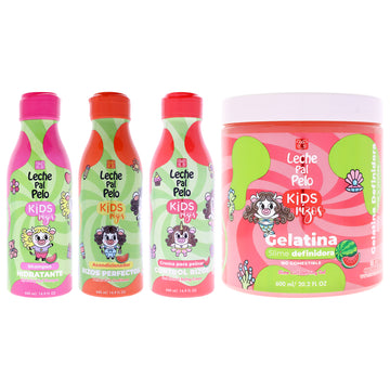 Kids Curly Kit by Leche Pal Pelo for Kids - 4 Pc Kit 14.9oz Hydrating Curl Shampoo, 14.9oz Perfect Curl Conditioner, 14.9oz Curl Control Styling Cream, 20.2oz Slime Curl Defining Gel