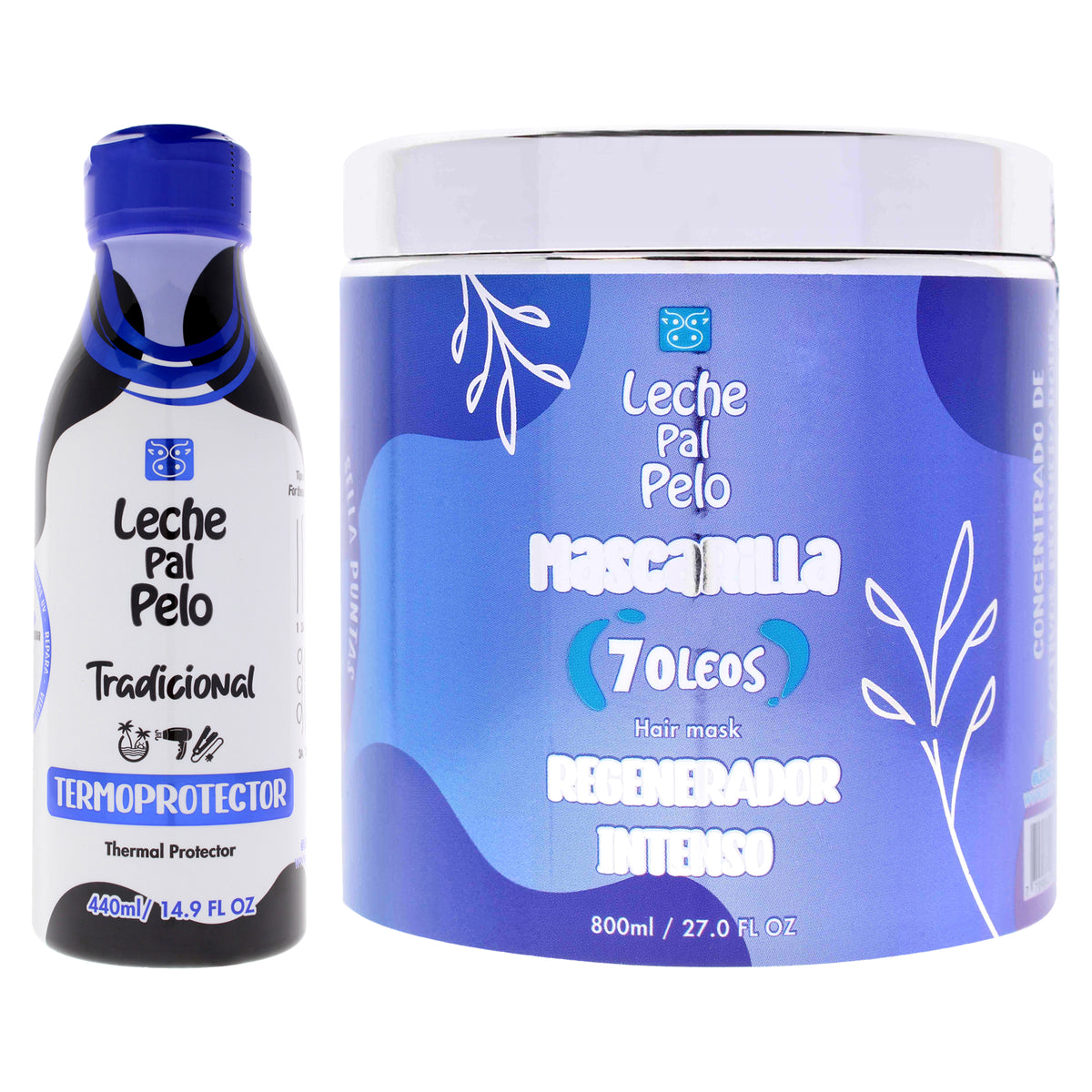 Leche Pal Pelo Kit by Leche Pal Pelo for Women - 2 Pc Kit 14.9oz Traditional - Thermal Protector, 27oz Intense Regenerator Mask - 7 Oils