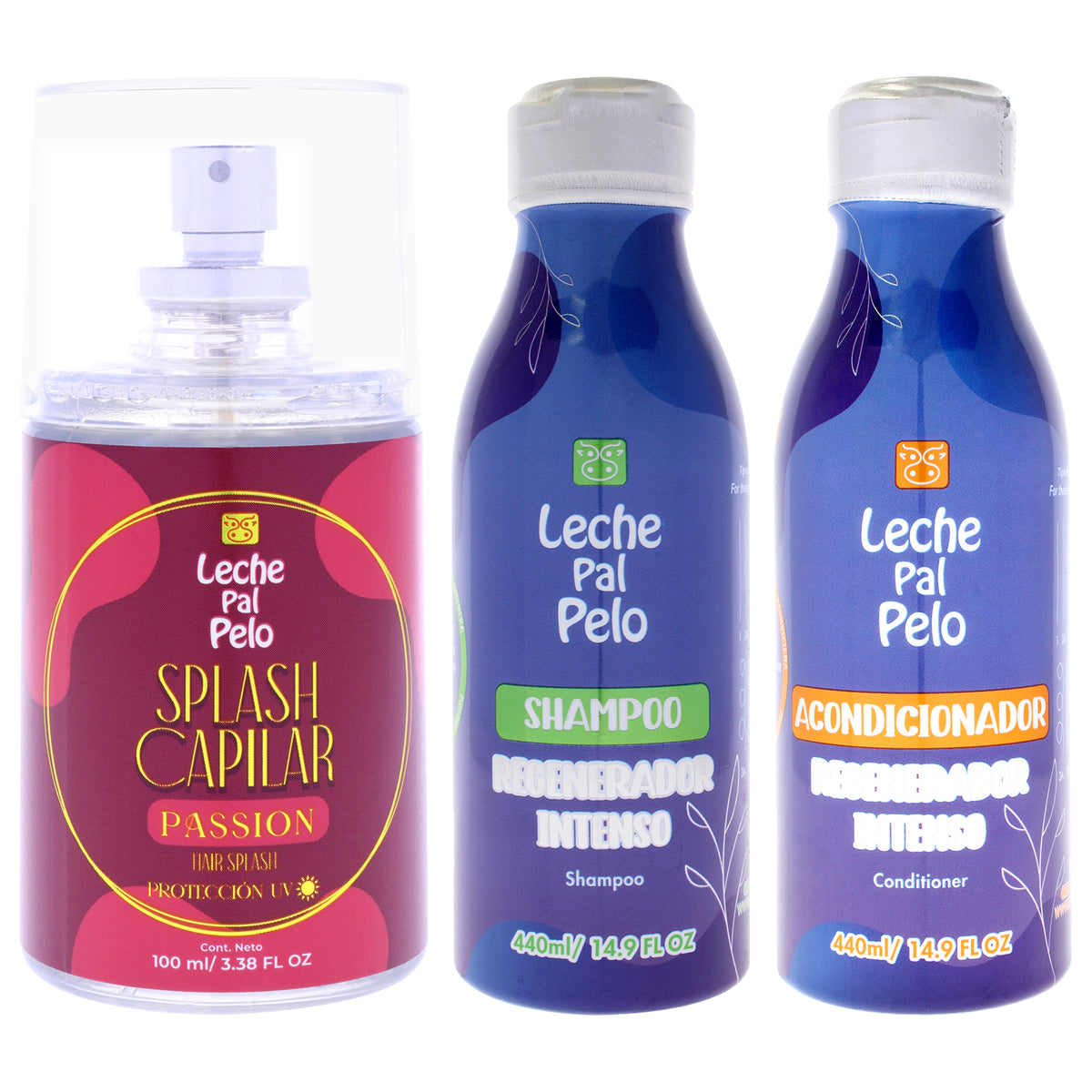 Leche Pal Pelo Kit by Leche Pal Pelo for Women - 3 Pc Kit 3.38oz Hair Splash - Passion, 14.9oz Intense Regenerator - Shampoo, 14.9oz Intense Regenerator - Conditioner