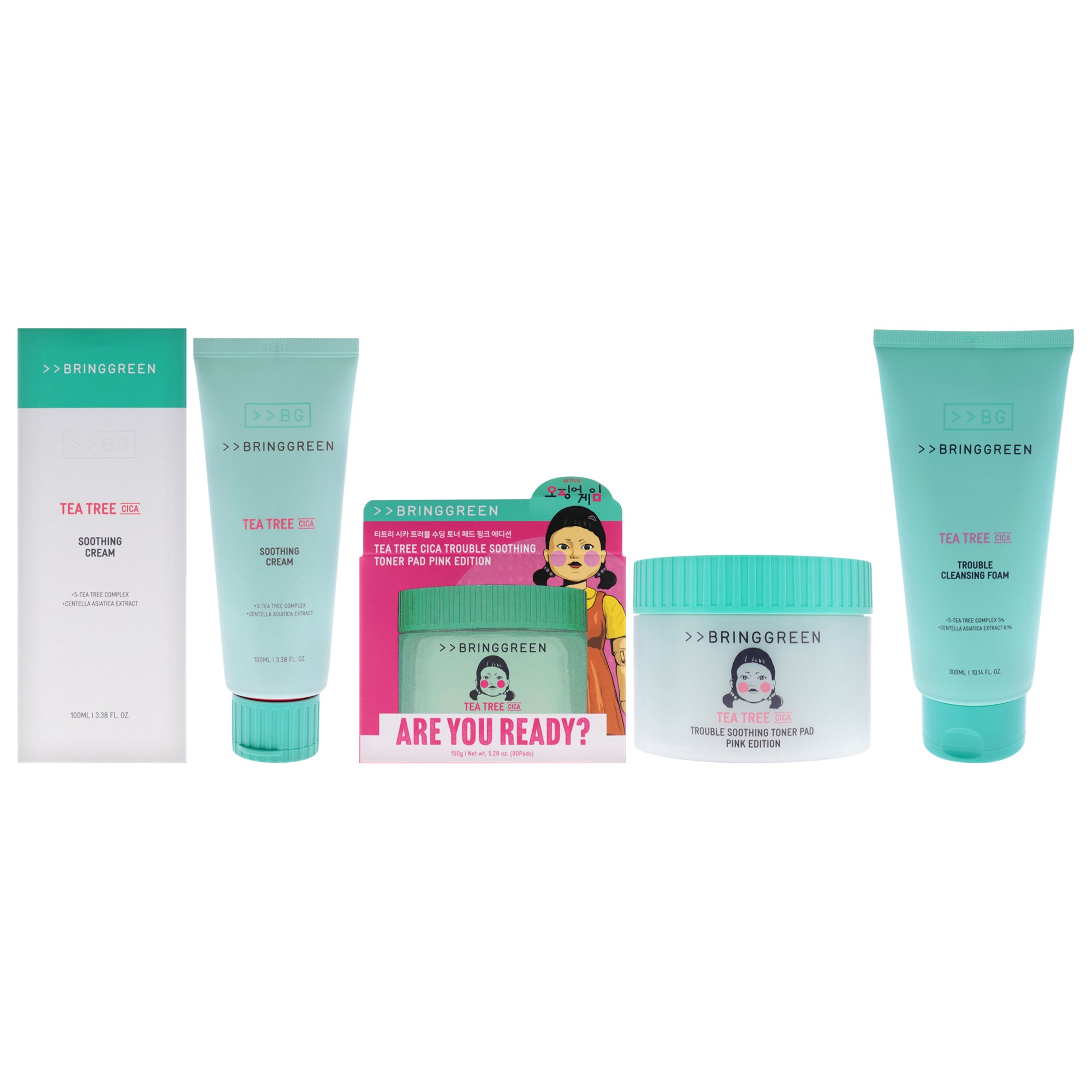 Tea Tree Cica Kit by Bring Green for Unisex - 3 Pc Kit 90Pc Trouble Soothing Toner Pad Pink Edition, 10.14oz Trouble Cleansing Foam, 3.38oz Soothing Cream