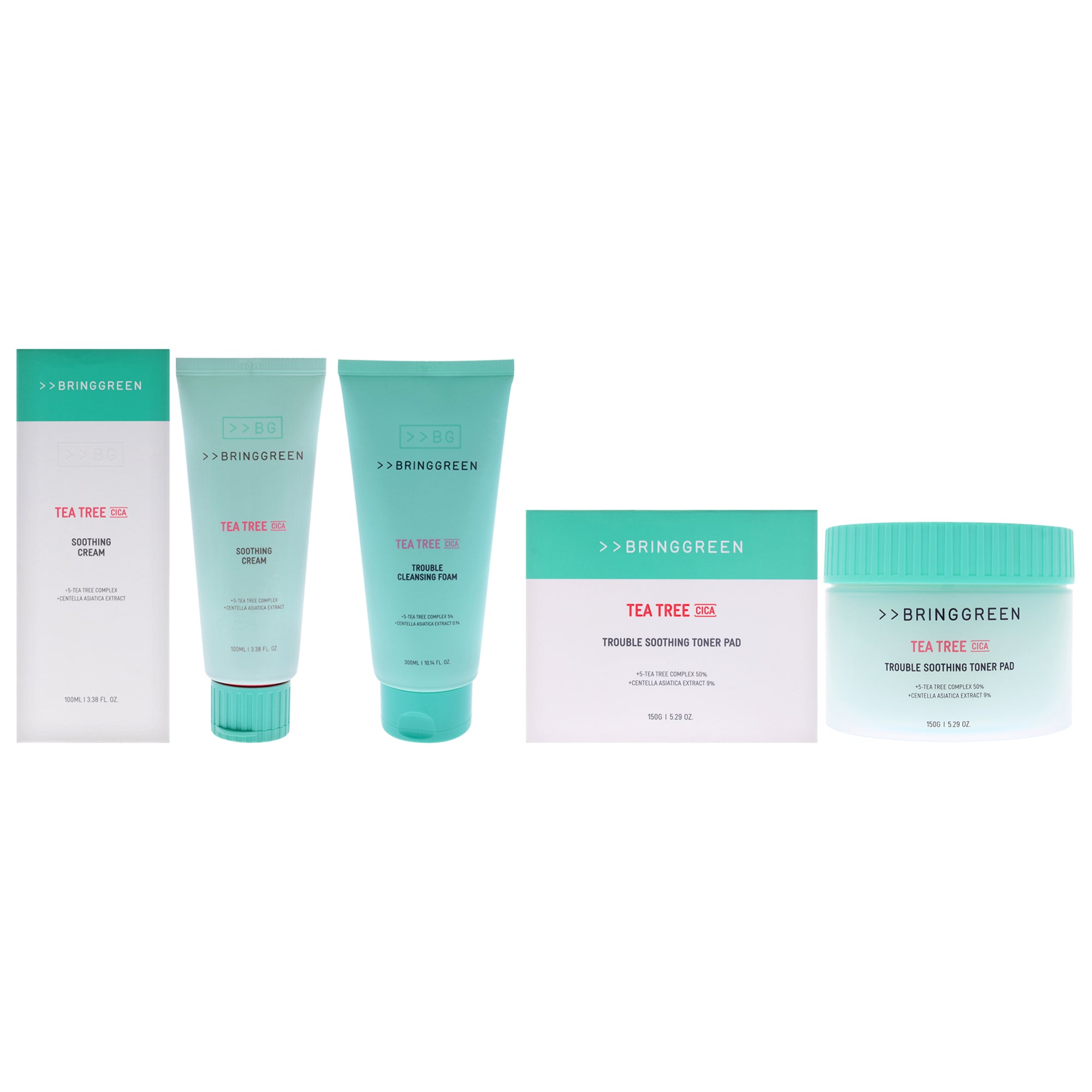 Tea Tree Cica Kit by Bring Green for Unisex - 3 Pc Kit 90Pc Trouble Soothing Toner Pad, 10.14oz Trouble Cleansing Foam, 3.38oz Soothing Cream