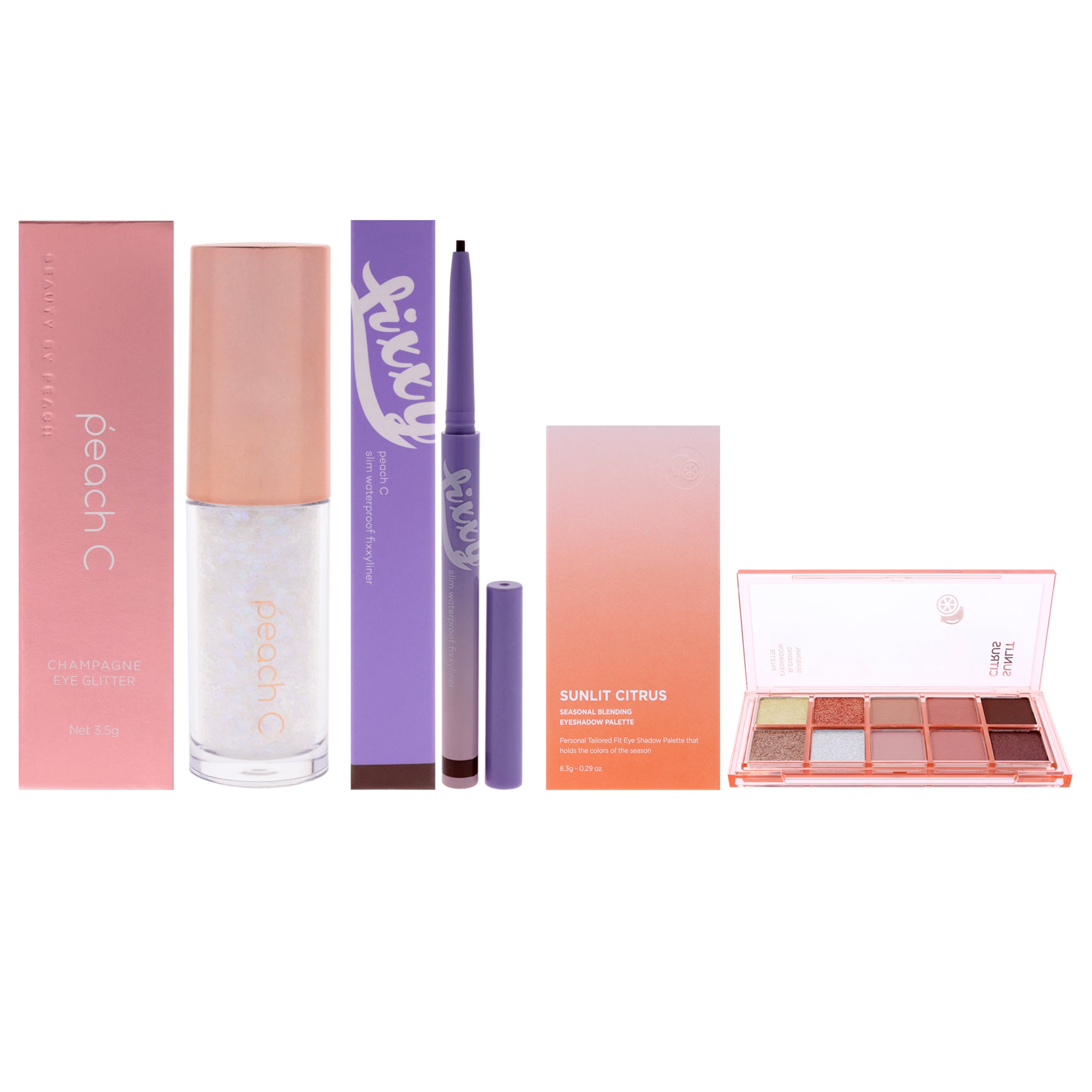 Peach C Kit by Peach C for Women - 3 Pc Kit 0.12oz Eye Shadow - 01 Pure White, 0.04 Eyeliner - 02 Deep Brown, 0.29oz Eye Shadow - 04 Sunlit Citrus