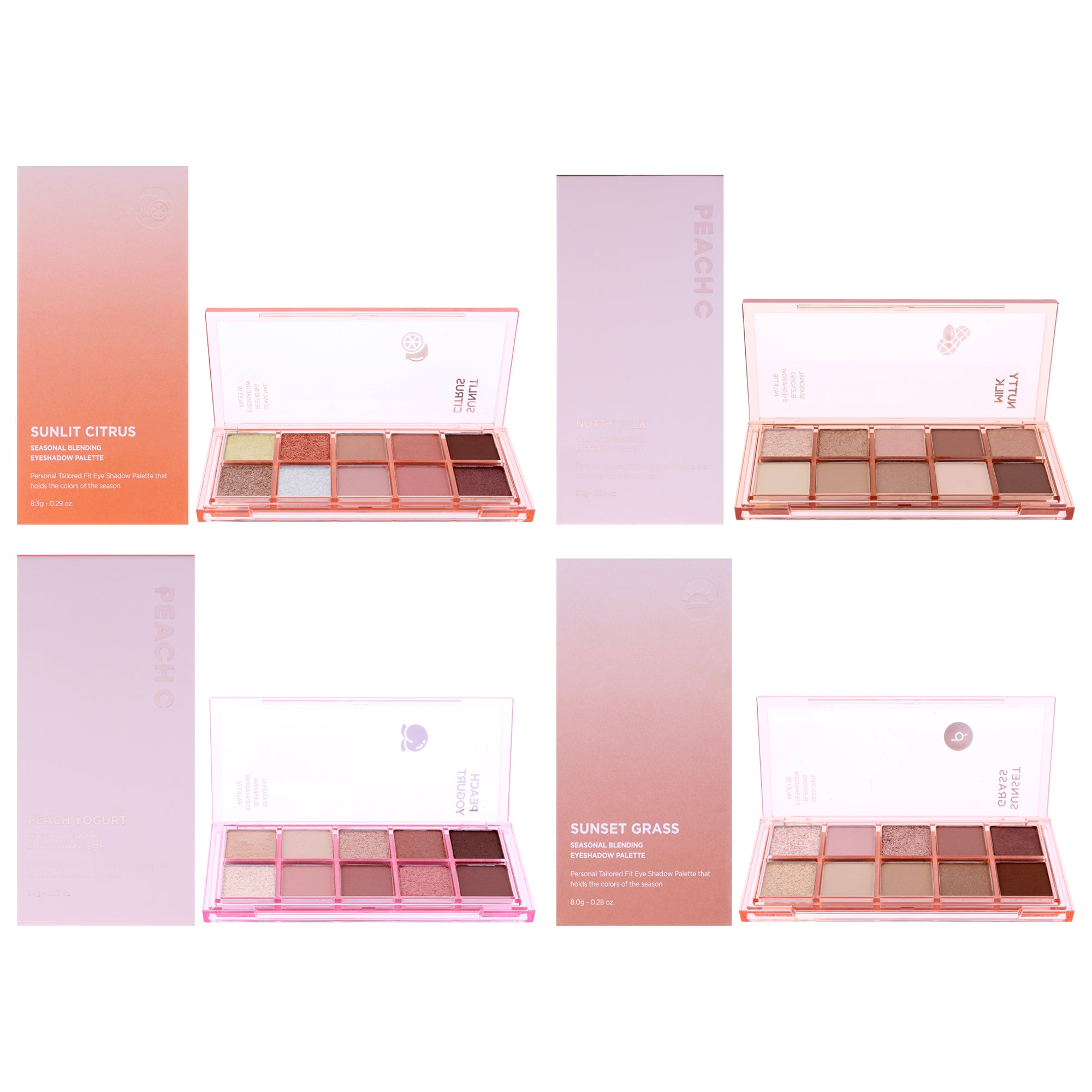Seasonal Blending Eyeshadow Palette Kit by Peach C for Women - 4 Pc Kit 0.34oz Eye Shadow - 05 Nutty Milk, 0.33oz Eye Shadow - 06 Peach Yogurt, 0.28oz Eye Shadow - 01 Sunset Grass, 0.29oz Eye Shadow - 04 Sunlit Citrus
