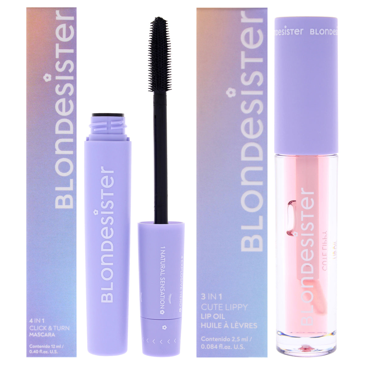 Makeup Essentials Lash and Lip Duo Kit by Blondesister for Women - 2 Pc Kit 0.4oz Click and Turn Mascara - 01 Ultra Black, 0.084oz 3 in 1 Cute Lippy Lip Oil - 01 Coconut