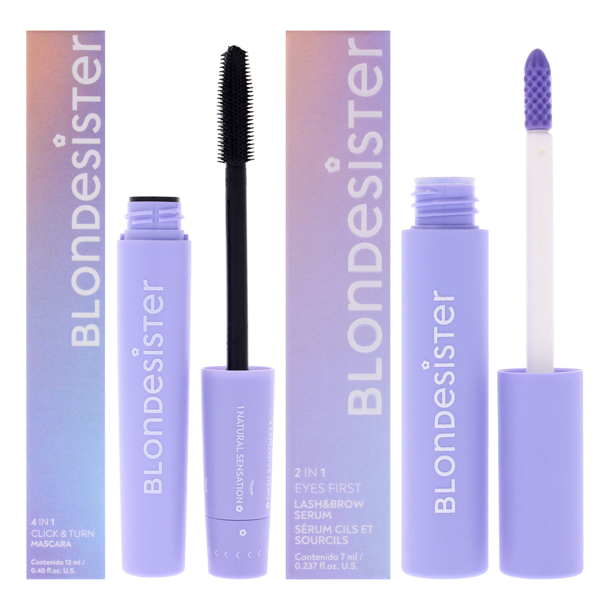 Eye Care Duo Kit by Blondesister for Women - 2 Pc Kit 0.237oz 2 in 1 Eyes First Eyelash and Eyebrow Serum, 0.4oz 4 in 1 Click and Turn Mascara - 01 Ultra Black