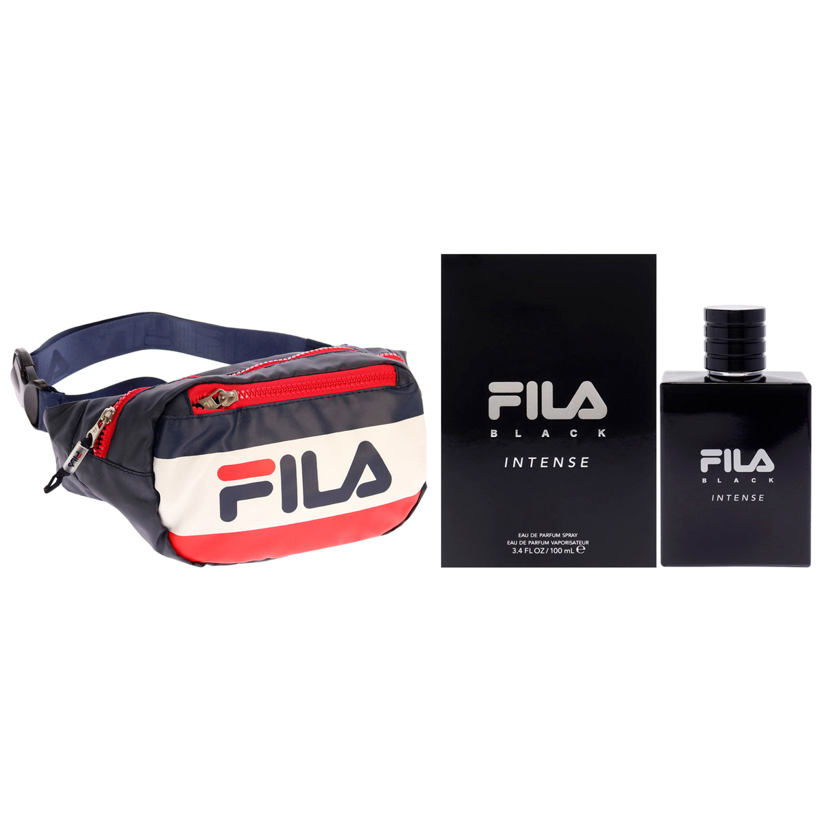 Fila Black Intense Kit by Fila for Men - 2 Pc Kit 3.4oz Fila Black Intense EDP Spray, Hunts Waist Bag - 410 Navy-Red-White