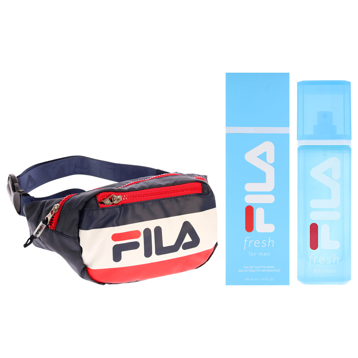 Fila Fresh Kit by Fila for Men - 2 Pc Kit 3.4oz Fila Fresh EDT Spray, Hunts Waist Bag - 410 Navy-Red-White
