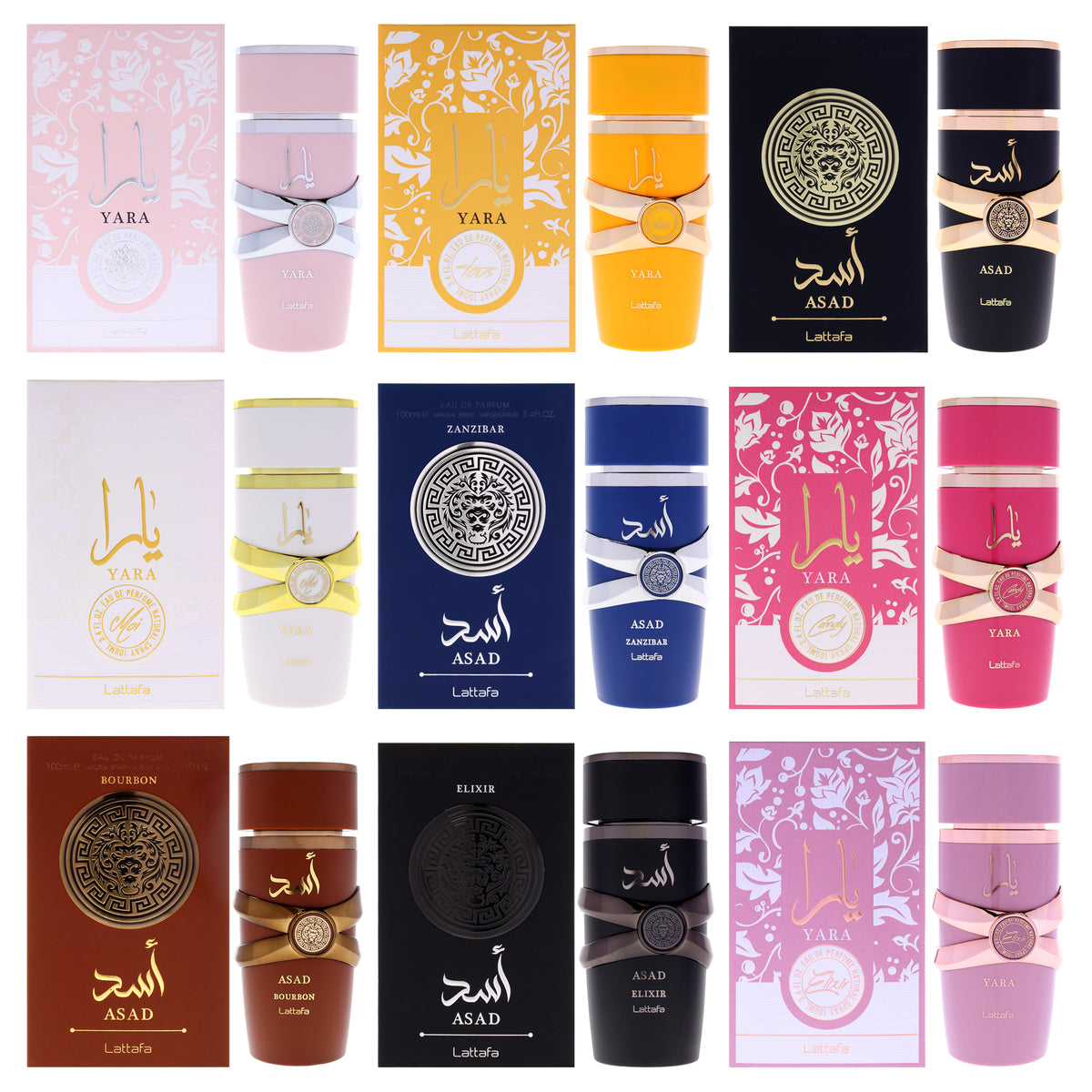 Yara and Asad Collection Kit by Lattafa for Unisex - 9 Pc Kit 3.4oz Yara EDP Spray, 3.4oz Yara Moi EDP Spray, 3.4oz Yara Tous EDP Spray, 3.4oz Yara Candy EDP Spray, 3.4oz Yara Elixir EDP Spray, 3.4oz Asad EDP Spray, 3.4oz Asad - Zanzibar