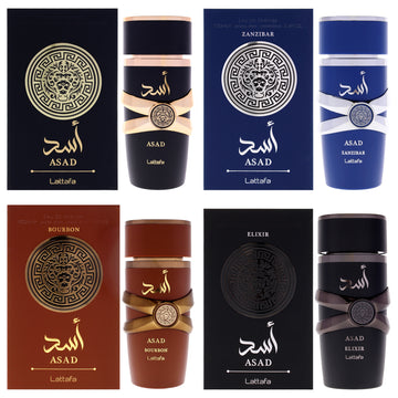 Asad Collection Kit by Lattafa for Men - 4 Pc Kit 3.4oz Asad EDP Spray, 3.4oz Asad - Zanzibar EDP Spray, 3.4oz Asad - Bourbon EDP Spray, 3.4oz Asad Elixir EDP Spray