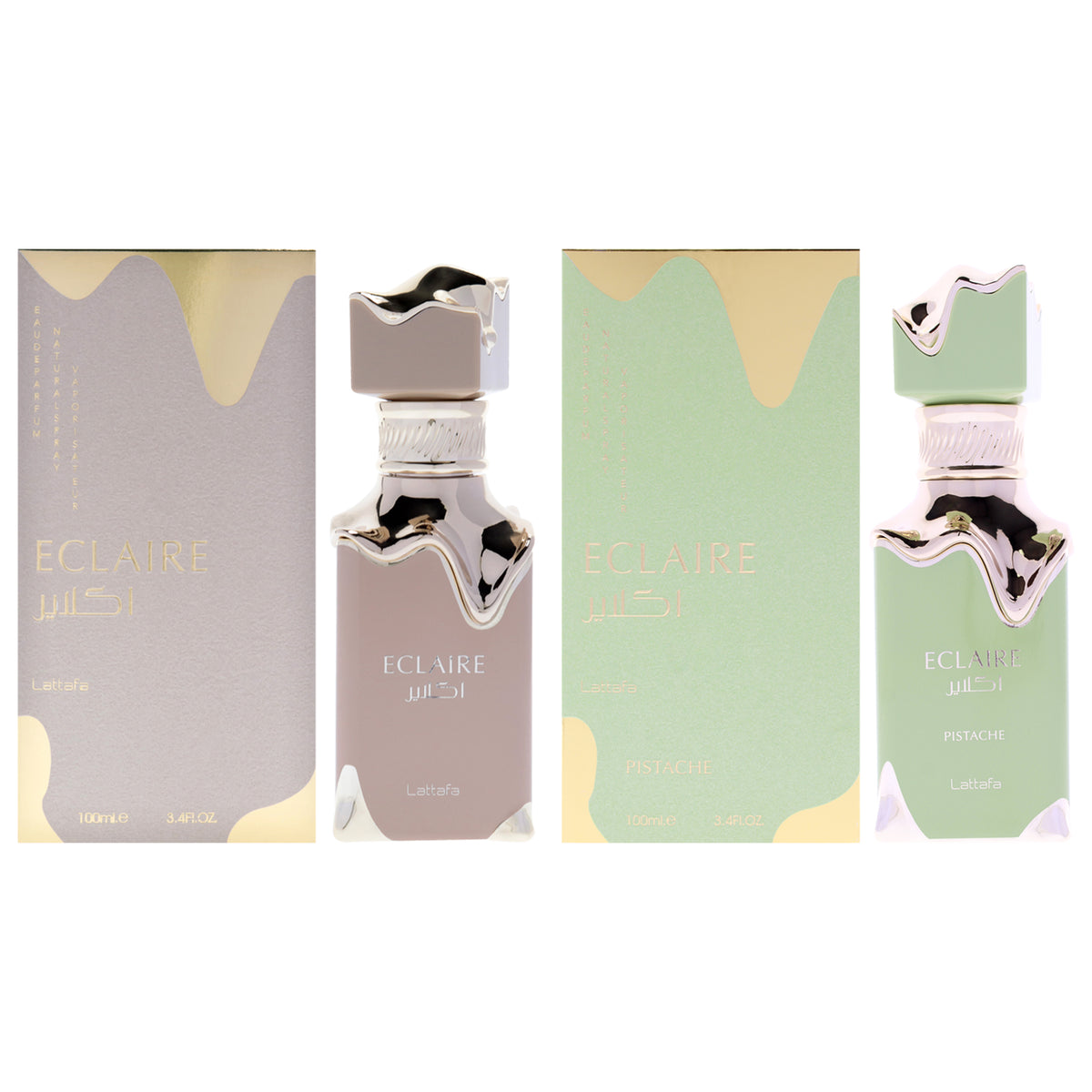 Eclaire Kit by Lattafa for Unisex - 2 Pc Kit 3.4oz Eclaire EDP Spray, 3.4oz Eclaire - Pistache EDP Spray
