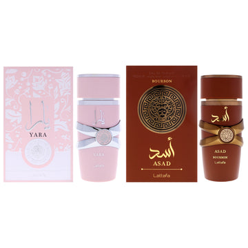 Lattafa Kit by Lattafa for Unisex - 2 Pc Kit 3.4oz Yara EDP Spray, 3.4oz Asad - Bourbon EDP Spray