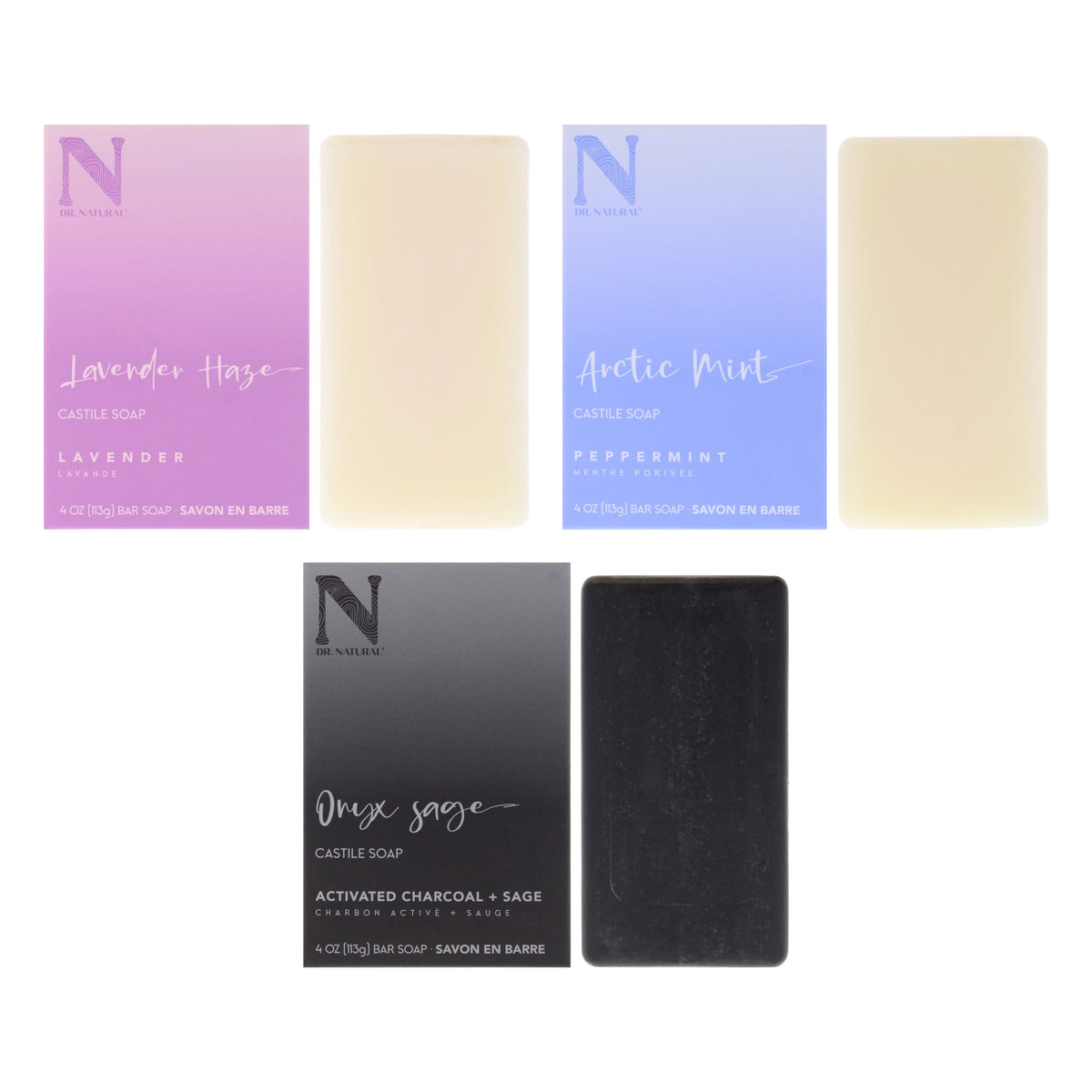 Castile Bar Soap Kit by Dr. Natural for Unisex - 3 Pc Kit 4oz Castile Bar Soap - Lavender Haze, 4oz Castile Bar Soap - Arctic Mint, 4oz Castille Bar Soap - Onyx Sage