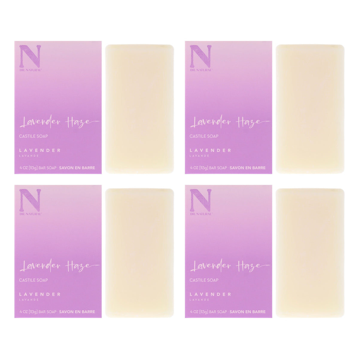 Castile Bar Soap - Lavender Haze by Dr. Natural for Unisex - 4 oz Soap - Pack of 4