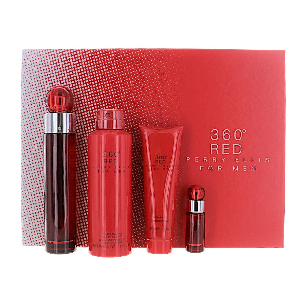 Perry Ellis 360 Red by Perry Ellis for Men - 4 Piece Set For Men: 3.4 oz EDT Spray, 0.25 oz EDT Spray, 6 oz Deodorizing Body Spray, 3 oz Shower Gel