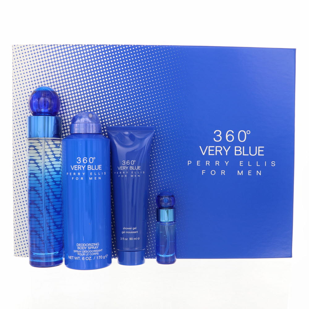 360° Very Blue by Perry Ellis for Men - 4 Piece Gift Set - 3.4 oz EDT Spray ,0.25 oz EDT Spray ,6.0 oz Deodorizing Body Spray ,3.0 oz Shower Gel