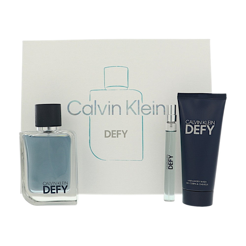 Defy by Calvin Klein for Men - 3 Piece Set For Men: 3.3 oz EDT Spray, 0.33 oz EDT Spray, 3.3 oz Hair and Body Wash