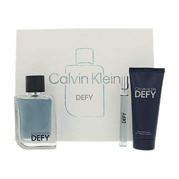 Defy by Calvin Klein for Men - 3 Piece Set For Men: 3.3 oz EDT Spray, 0.33 oz EDT Spray, 3.3 oz Hair and Body Wash