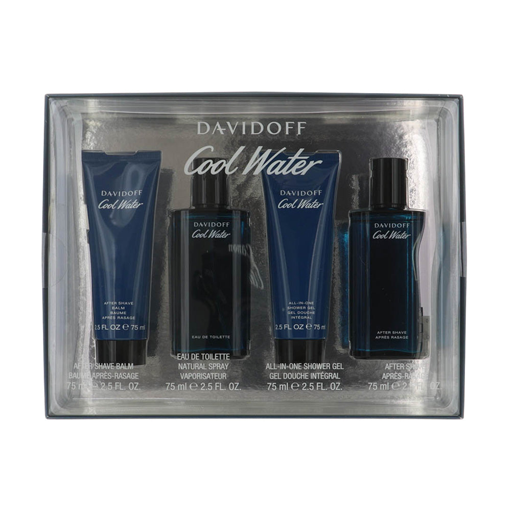 Cool Water by Davidoff for Men - 4 Piece Set For Men: 2.5 oz EDT Spray, 2.5 oz After Shave Balm, 2.5 oz All-In-One Shower Gel, 2.5 oz After Shave