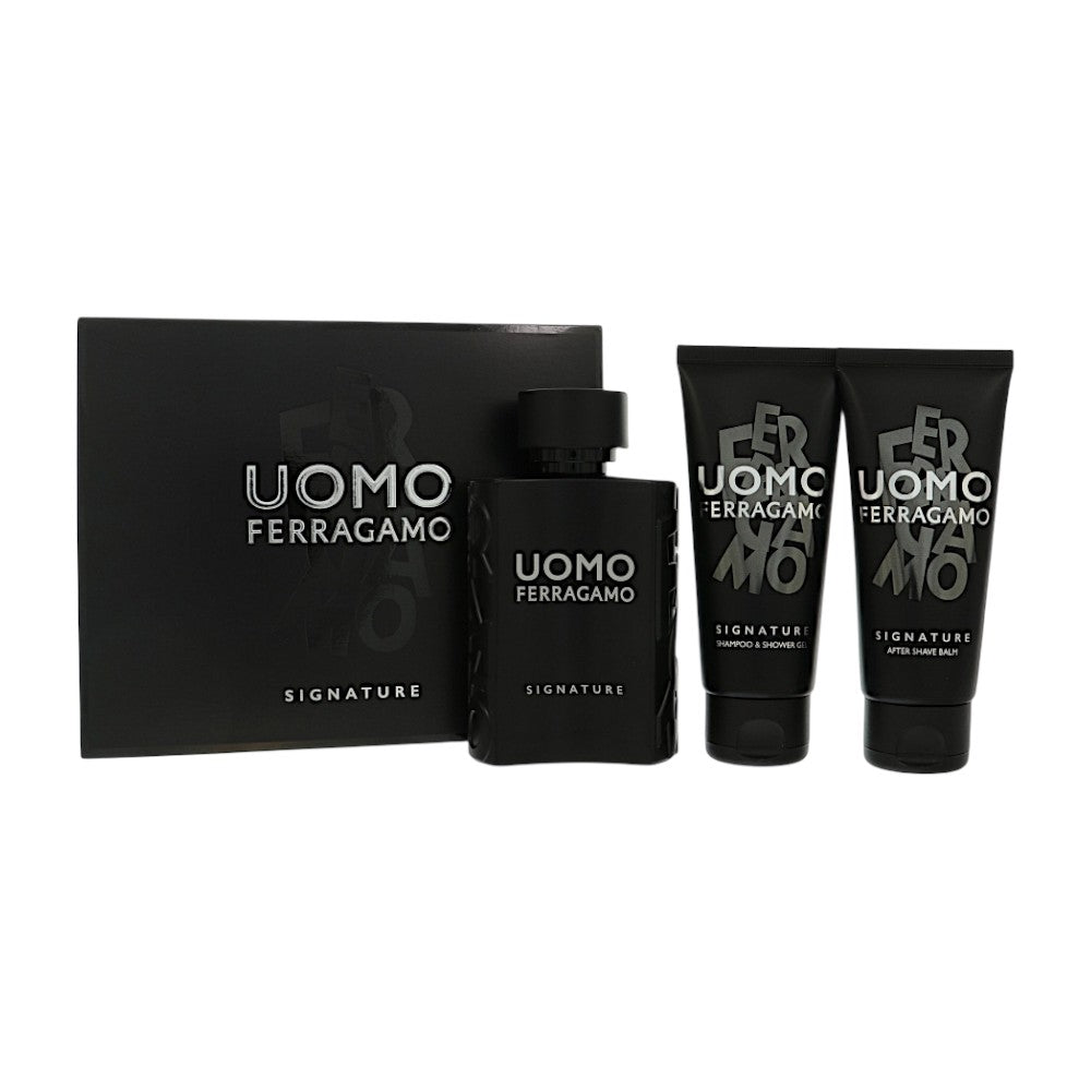 Uomo Signature by Salvatore Ferragamo for Men - 3 Piece Set For Men: 3.4 oz EDP Spray, 3.4 oz Shampoo and Shower Gel, 3.4 oz After Shave Balm