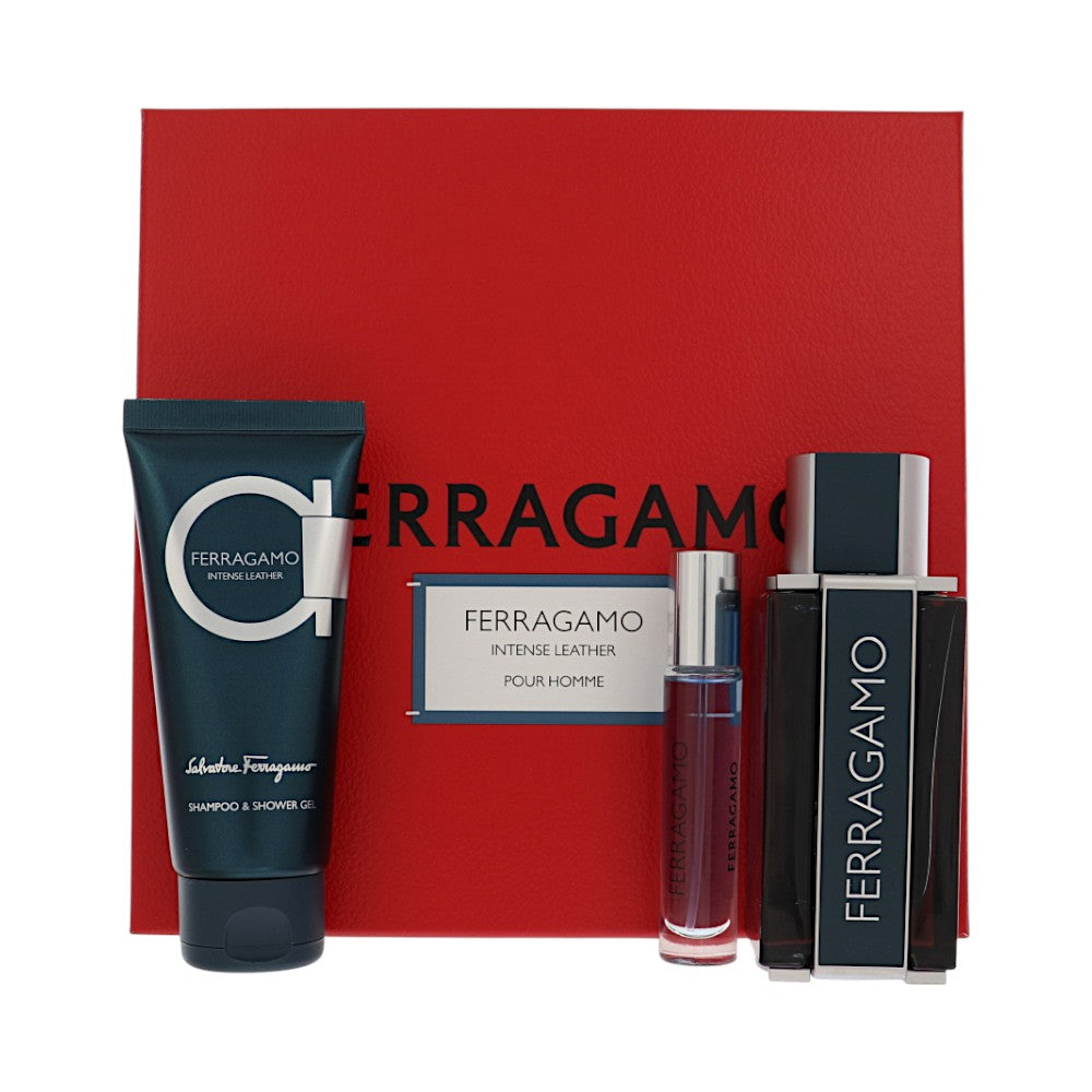 Intense Leather by Salvatore Ferragamo for Men - 3 Piece Set For Men: 3.4 oz EDP Spray, 0.34 oz EDP Spray, 3.4 oz Shampoo and Shower Gel