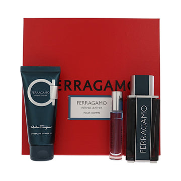 Intense Leather by Salvatore Ferragamo for Men - 3 Piece Set For Men: 3.4 oz EDP Spray, 0.34 oz EDP Spray, 3.4 oz Shampoo and Shower Gel