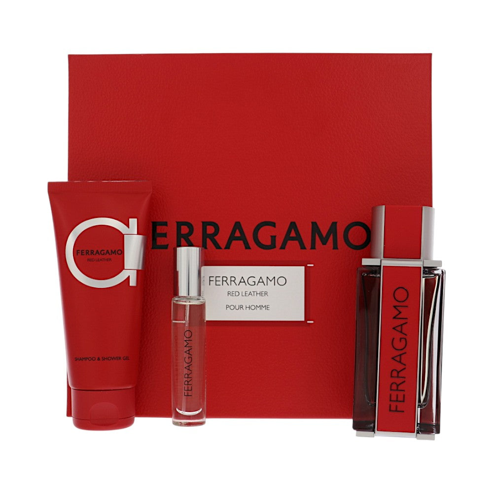 Red Leather by Salvatore Ferragamo for Men - 3 Piece Set For Men: 3.4 oz EDP Spray, 0.34 oz EDP Spray, 3.4 oz Shampoo and Shower Gel