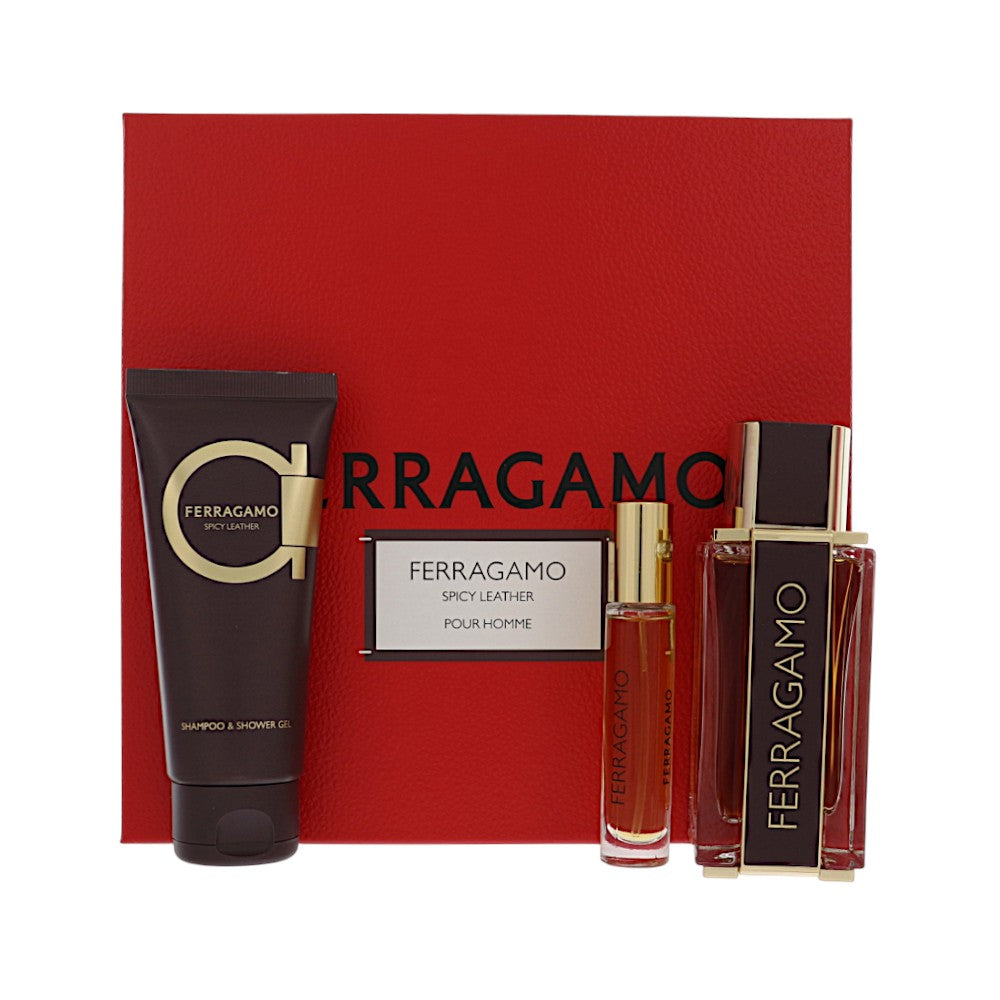 Spicy Leather by Salvatore Ferragamo for Men - 3 Piece Set For Men: 3.4 oz Parfum Spray, 0.34 oz Parfum Spray, 3.4 oz Shampoo and Shower Gel