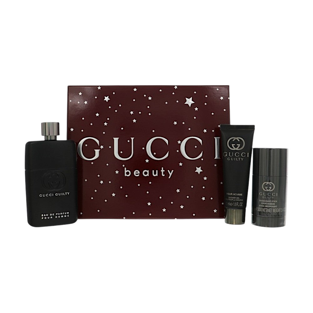 Gucci Guilty by Gucci for Men - 3 Piece Gift Set For Men - 3.0 oz EDP Spray, 2.4 oz Deodorant Stick, 1.6 oz Shower Gel
