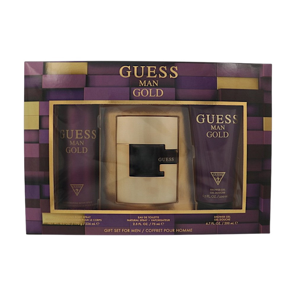 Guess Man Gold by Guess for Men - 3 Piece Gift Set - 2.5 oz EDT ,6.0 oz Deodorizing Body Spray ,6.7 oz Shower Gel