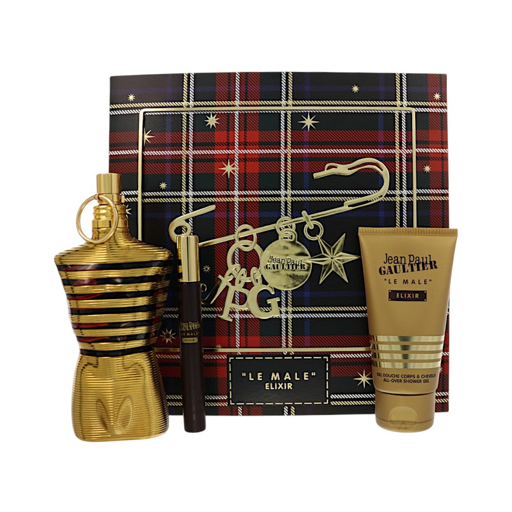Le Male Elixir by Jean Paul Gaultier for Men - 3 Piece Set For Men: 4.2 oz Parfum Spray, 0.34 oz Parfum Spray, 2.5 oz All-Over Shower Gel