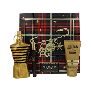Le Male Elixir by Jean Paul Gaultier for Men - 3 Piece Set For Men: 4.2 oz Parfum Spray, 0.34 oz Parfum Spray, 2.5 oz All-Over Shower Gel