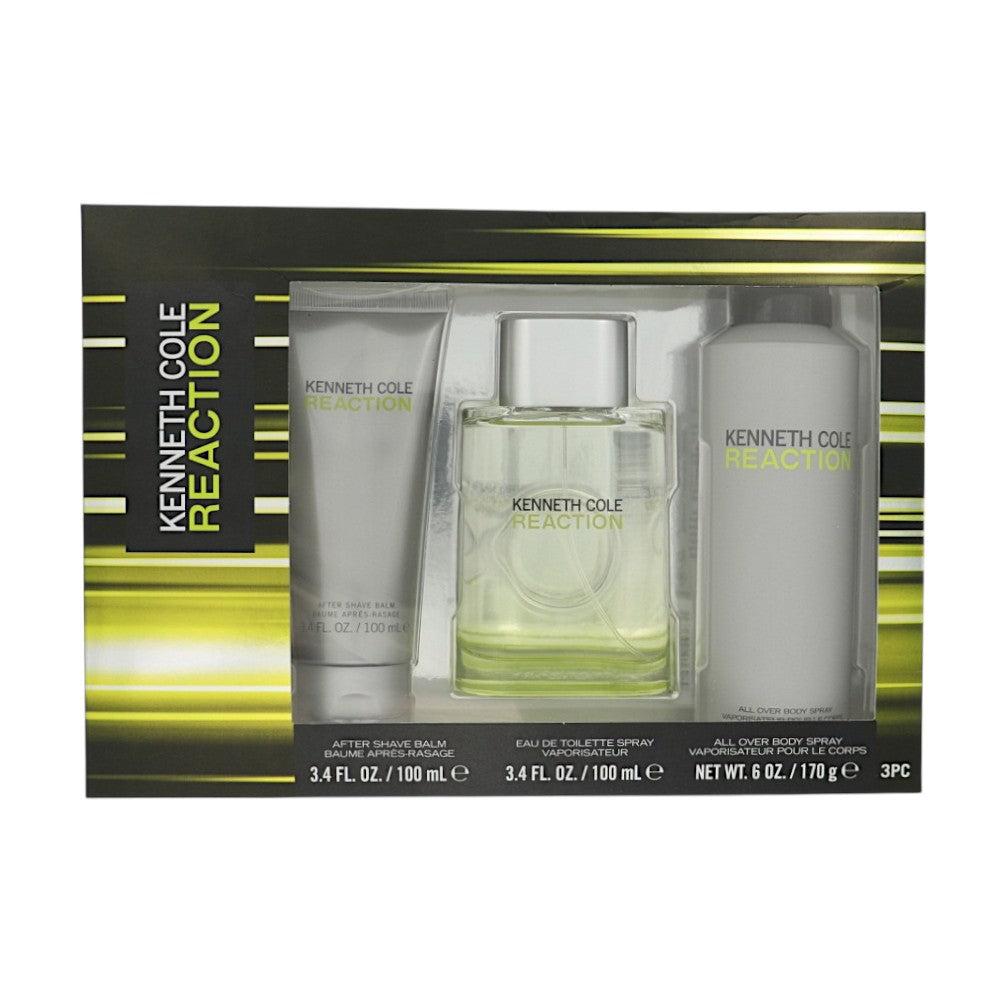 Kenneth Cole Reaction by Kenneth Cole for Men - 3 Piece Gift Set For Men - 3.4 oz EDT Spray, 6.0 oz All Over Body Spray, 3.4 oz After Shave Balm