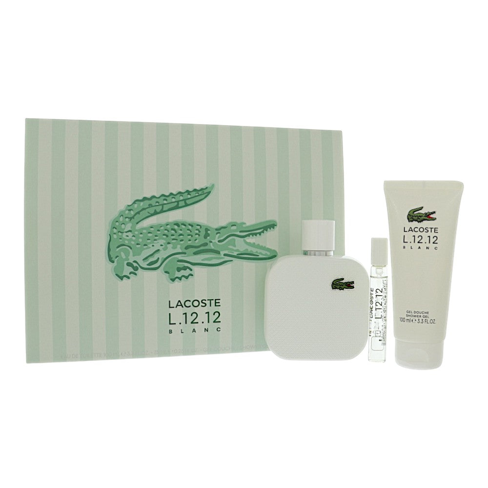 L.12.12 Blanc by Lacoste for Men - 3 Piece Set For Men: 3.3 oz EDT Spray, 0.25 oz EDT Spray, 3.3 oz Shower Gel