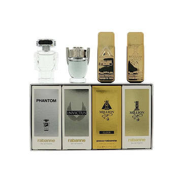 Paco Rabanne Mini Variety by Paco Rabanne for Men - 4 Piece Set For Men: 0.17 oz 1 Million EDT Splash, 0.17 oz 1 Million Elixir Parfum Intense Splash, 0.17 oz Invictus EDT Splash, 0.17 oz Phantom EDT Splash