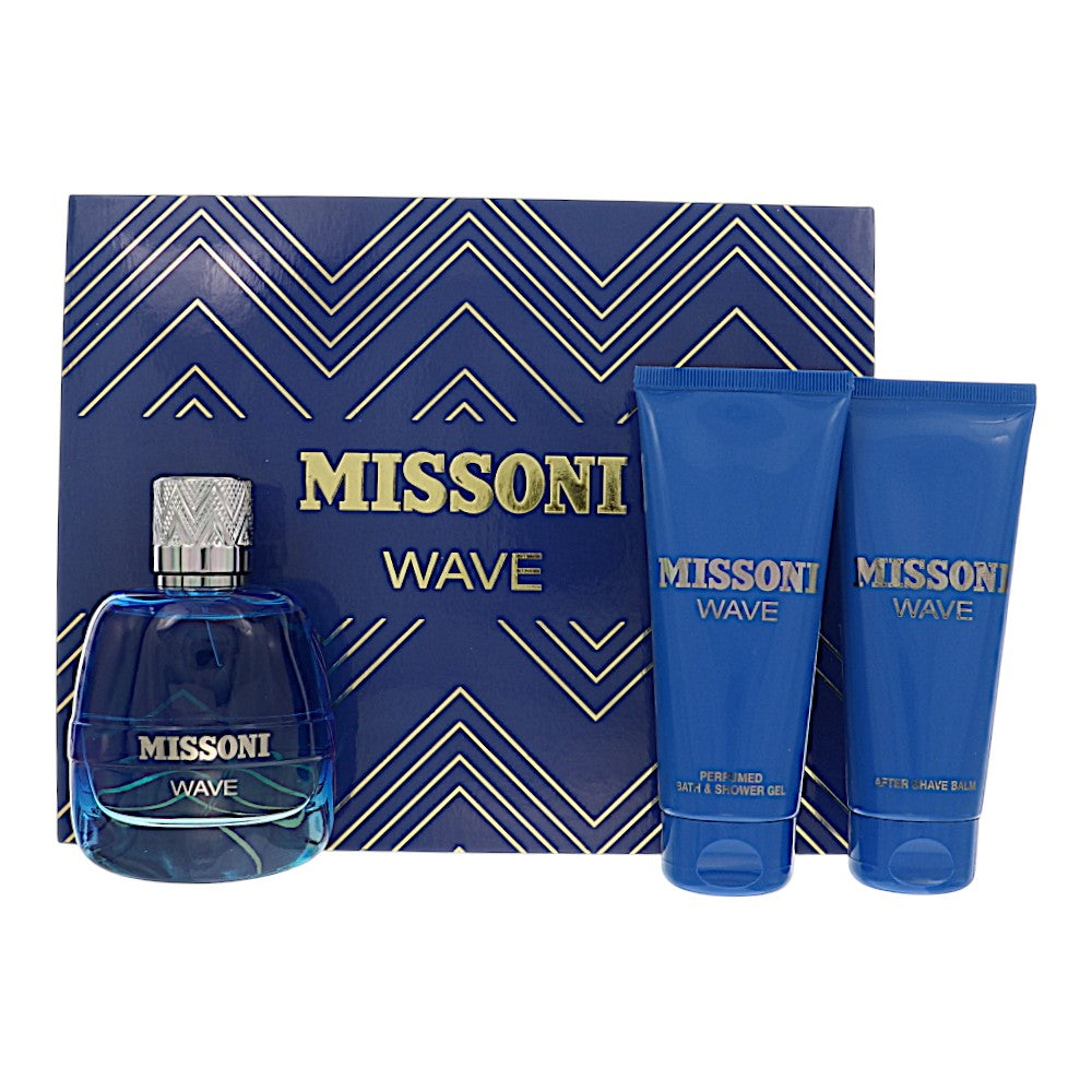 Missoni Wave by Missoni for Men - 3 Piece Set For Men: 3.4 oz EDT Spray, 3.4 oz Bath and Shower Gel, 3.4 oz After Shave Balm