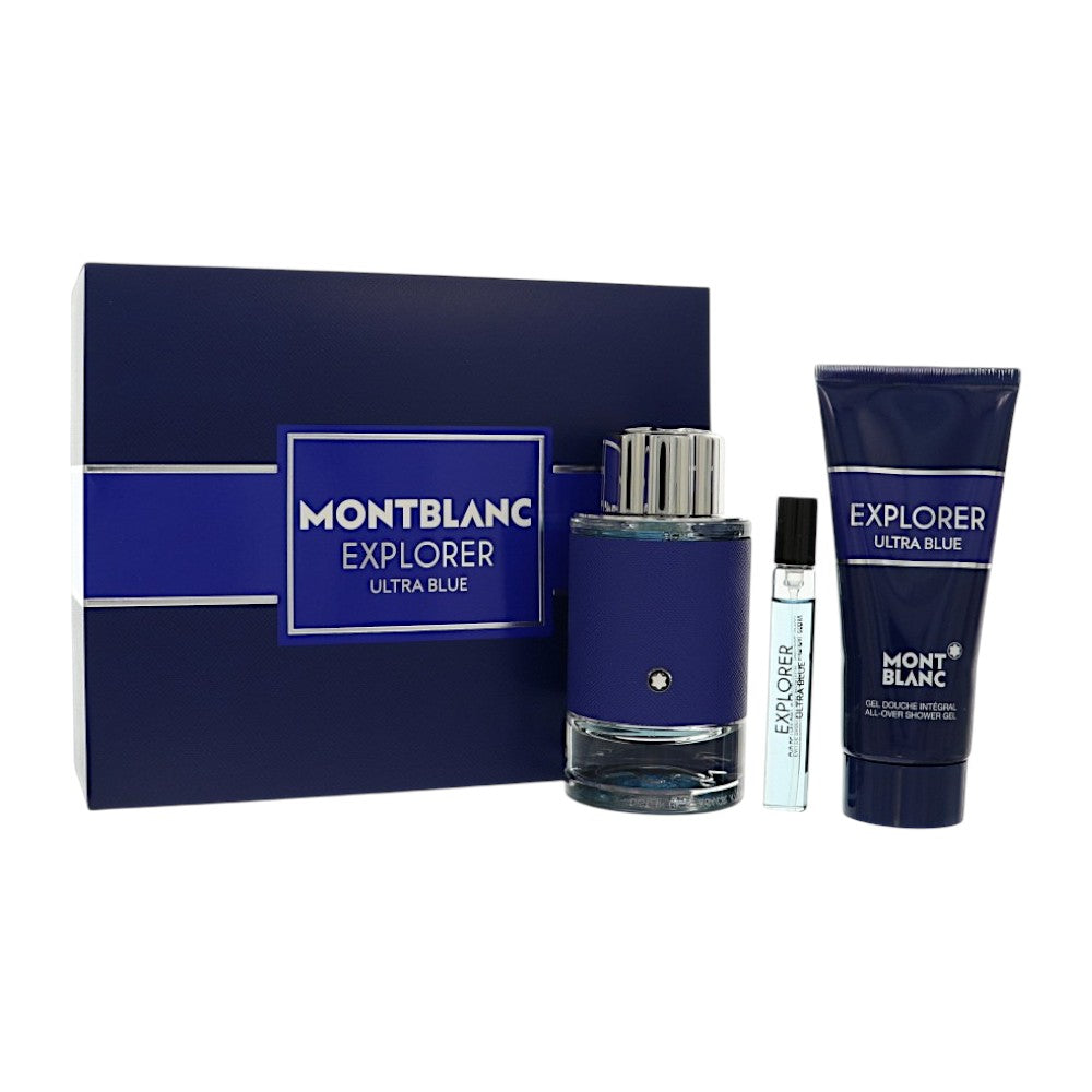 Mont Blanc Explorer Ultra Blue by Mont Blanc for Men - 3 Piece Gift Set For Men - 3.3 oz EDP Spray, 0.25 oz EDP Spray, 3.3 oz Shower Gel