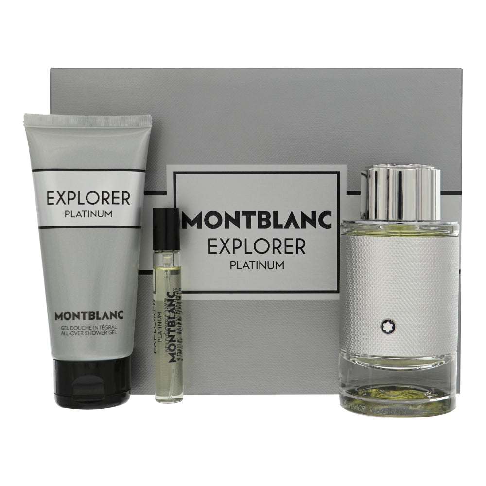 Mont Blanc Explorer Platinum by Mont Blanc for Men - 3 Piece Gift Set For Men - 3.3 oz EDP Spray, 0.25 oz EDP Spray, 3.3 oz All Over Shower Gel