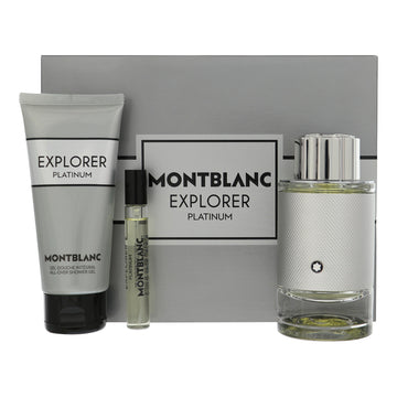 Mont Blanc Explorer Platinum by Mont Blanc for Men - 3 Piece Gift Set For Men - 3.3 oz EDP Spray, 0.25 oz EDP Spray, 3.3 oz All Over Shower Gel