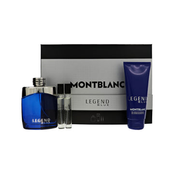 Legend Blue by Montblanc for Men - 4 Piece Set For Men: 3.3 oz EDP Spray, 0.25 oz EDP Spray, 0.25 oz EDP Spray, 3.3 oz All-Over Shower Gel