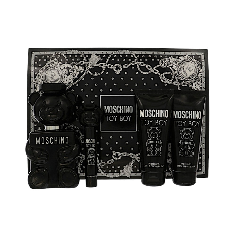 Moschino Toy Boy by Moschino for Men - 4 Piece Gift Set - 3.4 oz EDP Spray ,0.34 oz EDP Spray ,3.4 oz Bath and Shower Gel ,3.4 oz After Shave Balm
